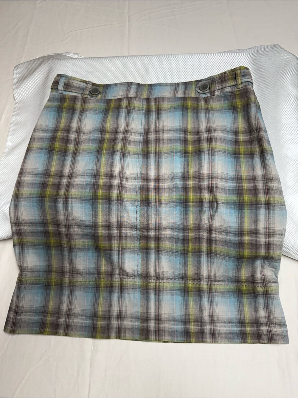 Fossil Plaid Mini Skirt in Blue, Gray and Green